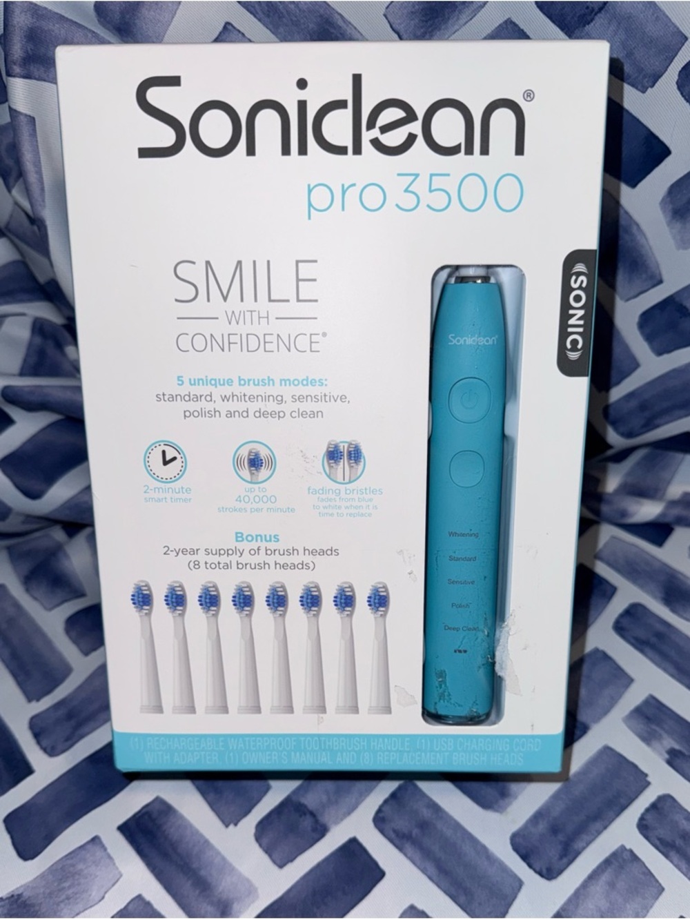 Soniclean Pro 3500 Electric Toothbrush - Turquoise with 8 Replaceable Heads, NEW